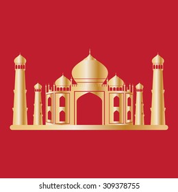Taj mahal temple gold on red background. Vector illustration.