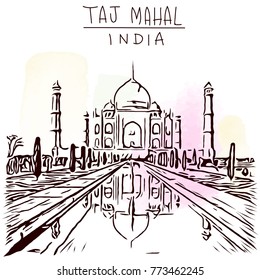 Taj Mahal travel sketch, hand drawn illustration for your design, Vector 