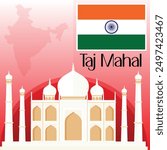 Taj Mahal Vector Illustration Clipart, World Famous Places Art, Love Story Of Mumtaz And Shah Jahan, India Map And Flag Vector Art