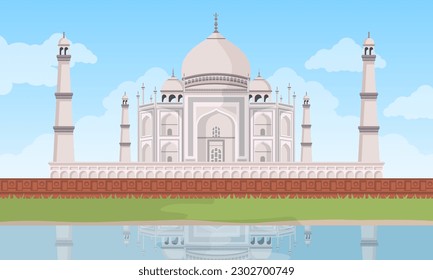 Die Vektorgrafik von Taj Mahal zeigt das symbolträchtige Denkmal mit aufwändigen Details, lebhaften Farben und einer ruhigen Atmosphäre. Es erfasst das symmetrische Design, die beeindruckende Kuppel und Minarette