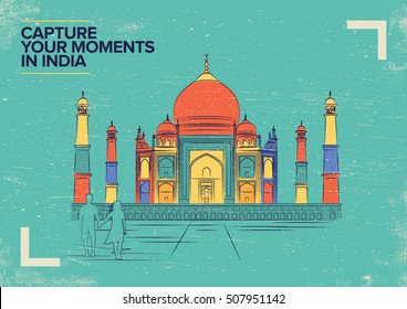 Taj Mahal Vector Illustration. World famous landmark series in Retro Style. India travel poster.
