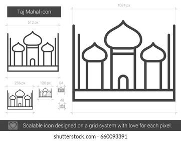 Icono de la línea vector Taj Mahal aislado en fondo blanco. Icono de la línea Taj Mahal para infografía, sitio web o aplicación. Icono escalable diseñado en un sistema de cuadrícula.