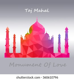 Taj Mahal vector symbol design red purple and green color polygonal / mosaic style.Monument of Love at India. Vector de stock