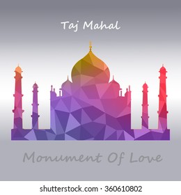 Taj Mahal vector symbol design purple green color polygonal / mosaic style.Monument of Love at India. Vector de stock