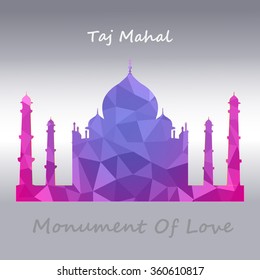 Taj Mahal vector symbol design purple and pink color polygonal / mosaic style.Monument of Love at India.