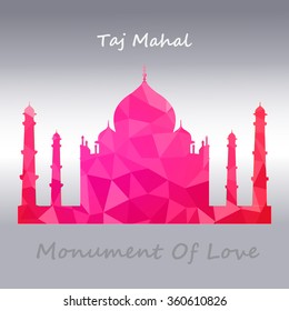 Taj Mahal vector symbol design red pink color polygonal / mosaic style.Monument of Love at India.