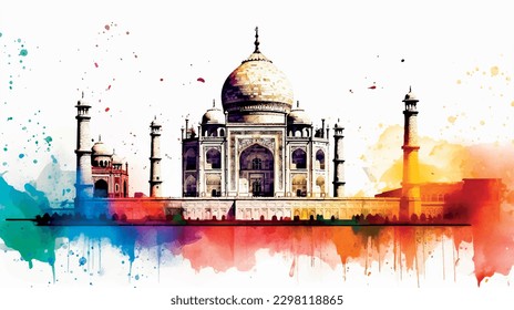 Taj mahal, watercolor splash painting. t-shirt vector illustration.