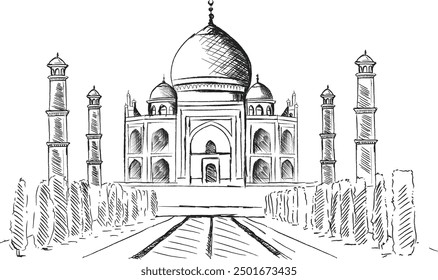 Taj Mahal white marble mausoleum landmark in Agra, line art, Hand drawing, Uttar Pradesh, India, beautiful ancient tomb building of Mughal architecture, popular touristic place marble exterior