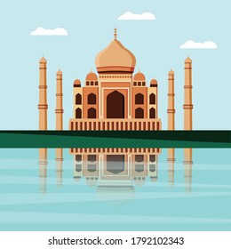Taj Mahal. A white marble mosque mausoleum located in Agra, India, on the banks of the Yamuna River in Agra. Indian, Persian and Arabian architecture. Temple of the Ancient Palace. Vector illustration