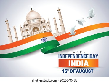 taj mahal with15th August Happy Independence Day of India. vector illustration design of wavy Indian flag and pigeon