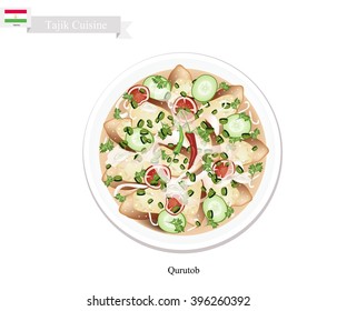 Tajik Cuisine, Illustration of Qurutob or Flat Bread with Dried Yogurt, Tomatoes, Onions and Peppers. One of The Most Popular Dish in Tajikistan.