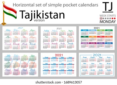 Tajik horizontal set of pocket calendars for 2020 (two thousand twenty one). Week starts Monday. New year. Color simple design. Vector