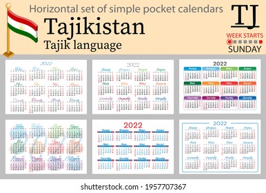 Tajik horizontal set of pocket calendars for 2022 (two thousand twenty two). Week starts Sunday. New year. Color simple design. Vector