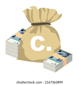 Tajik Somoni Vector Illustration. Huge packs of Tajikistan money set bundle banknotes. Money bag 500 TJS. Flat style. Isolated on white background. Simple minimal design.
