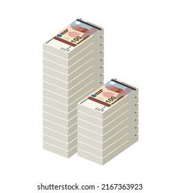 Tajik Somoni Vector Illustration. Huge packs of Tajikistan money set bundle banknotes. Paper money 100 TJS. Flat style. Isolated on white background. Simple minimal design.