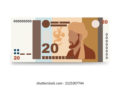 Tajik Somoni Vector Illustration. Tajikistan money set bundle banknotes. Paper money 20 TJS. Flat style. Isolated on white background. Simple minimal design.