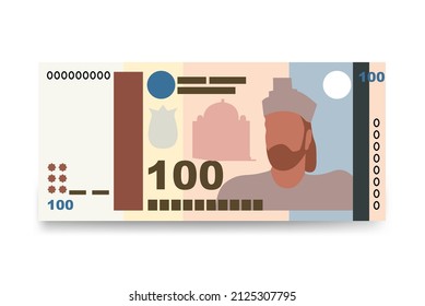 Tajik Somoni Vector Illustration. Tajikistan money set bundle banknotes. Paper money 100 TJS. Flat style. Isolated on white background. Simple minimal design.