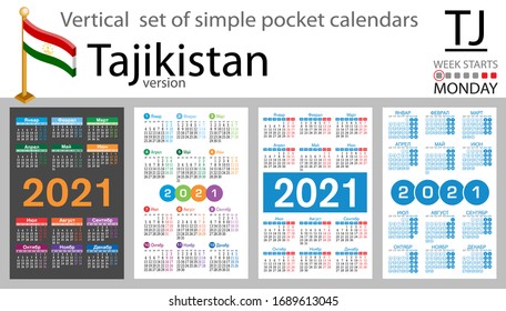 Conjunto vertical tayiko de calendarios de bolsillo para 2020 (dos mil veintiún). La semana empieza el lunes. Año nuevo. Diseño sencillo en color. Vector