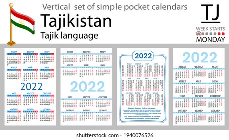 Tajik vertical set of pocket calendars for 2022 (two thousand twenty two). Week starts Monday. New year. Color simple design. Vector