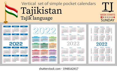 Tajik vertical set of pocket calendars for 2022 (two thousand twenty two). Week starts Sunday. New year. Color simple design. Vector