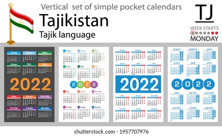 Tajik vertical set of pocket calendars for 2022 (two thousand twenty two). Week starts Monday. New year. Color simple design. Vector