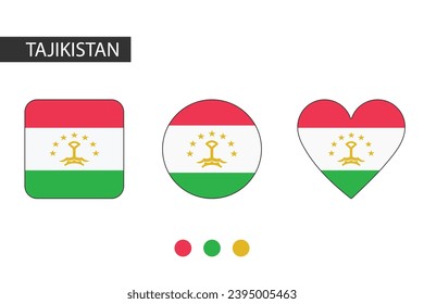 Tajikistan 3 shapes (square, circle, heart) with city flag. Isolated on white background.