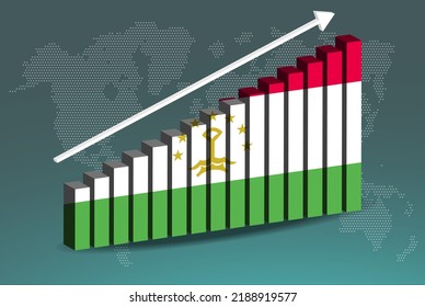 Tajikistan 3D bar chart graph vector, upward rising arrow on data, country statistics concept, Tajikistan country flag on 3D bar graph, increasing values, news banner idea