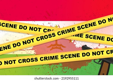 Banner vectorial de ataque armado en Tayikistán, concepto de noticias de tiroteo, asalto armado con arma y mancha de sangre en la bandera de Tayikistán, cinta amarilla de la policía, composición de escena del crimen, vista superior, diseño plano