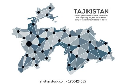 Karte des Verkehrsnetzes in Tadschikistan. Vektorbild einer Low-Poly-Weltkarte mit Stadtlampen. Karte in Form von Dreiecken und Punkten