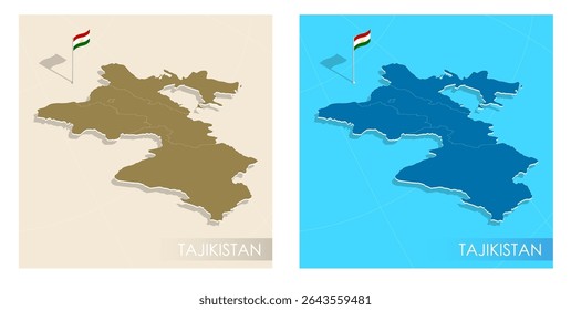 Tajikistan country flag installed on geographic positioning map point of country territory. Tajikistan commonwealth banner on land and sea. Festive patriotic HD format template for independence day