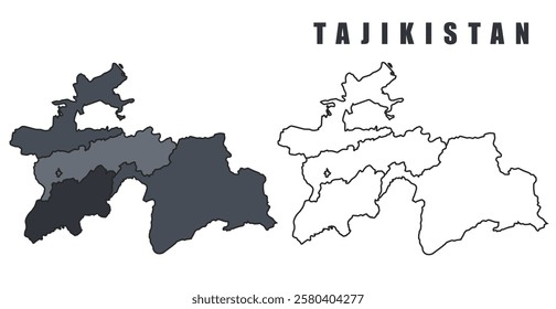 Tajikistan country map black flat outline vector illustration set