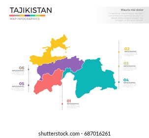 Tajikistan country map infographic colored vector template with regions and pointer marks