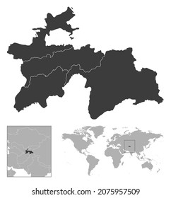 Tajikistan - detailed country outline and location on world map. Vector illustration