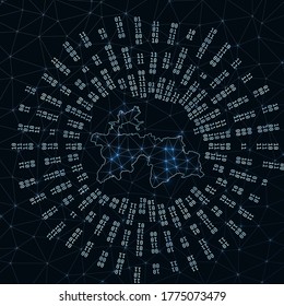 Tajikistan digital map. Binary rays radiating around glowing country. Internet connections and data exchange design. Vector illustration.