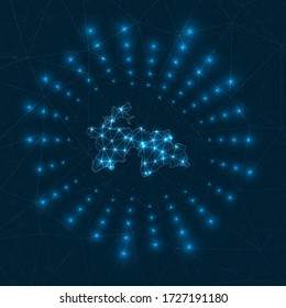 Tajikistan digital map. Glowing rays radiating from the country. Network connections and telecommunication design. Vector illustration.