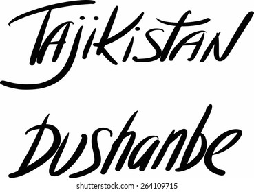 Tajikistan, Dushanbe, hand-lettered Country and Capital, handmade calligraphy, vector