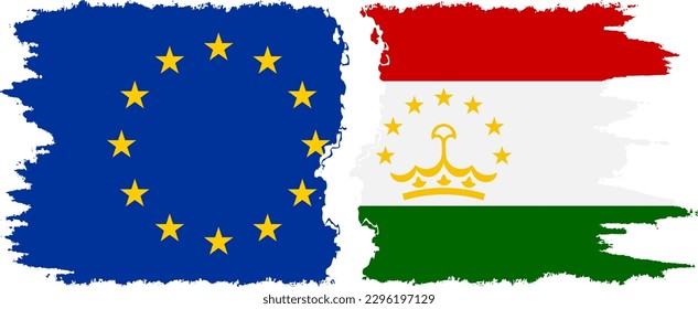 Tajikistan and European Union grunge flags connection, vector