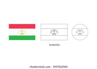 Tajikistan flag 3 versions, Vector illustration, Thin black line of rectangle and the circle on white background.