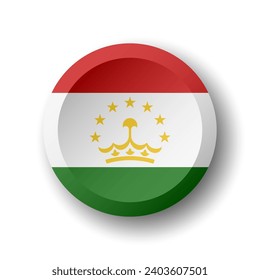 Tajikistan flag - 3D circle button with dropped shadow. Vector icon.