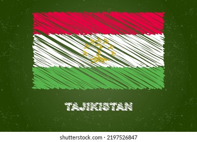 Tajikistan flag with chalk effect on green chalkboard, hand drawing country flag concept, green blackboard with Tajikistan flag, chalk texture, flag for kids, classroom material