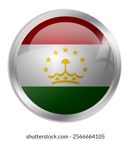 Tajikistan flag - glossy circle button displays a colorful flag representing a country cultural identity and heritage. The essence of national pride and unity.