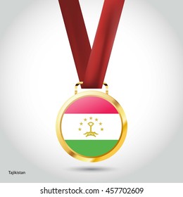 Tajikistan Flag in gold Medal. Vector Illustration. RIO Olympic Game gold Medal. Vector Illustration