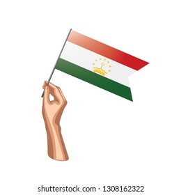 Tajikistan flag and hand on white background. Vector illustration