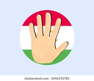 Tadschikistanflagge mit Handstoppschild, Protest- und Menschenrechtsidee, Vektorgrafik-Design, Protest in Tadschikistan, Einschränkung oder verbotenes Emblem, Verletzung der Meinungsfreiheit, Krieg beenden