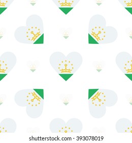 Tajikistan flag heart seamless pattern. Patriotic Tajikistan flag background. Country flag in the shape of heart. Vector seamless pattern.
