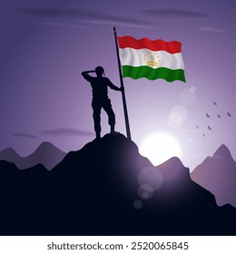 Tajikistan Flag hoisted on a mountain peak with a purplish sunset in the background, vector illustration