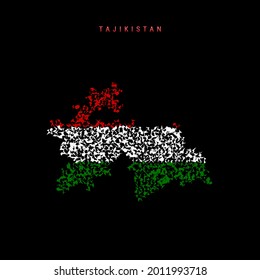Mapa de la bandera de Tayikistán, patrón de partículas caóticas en los colores de la bandera tayika. Ilustración vectorial aislada en el fondo negro.