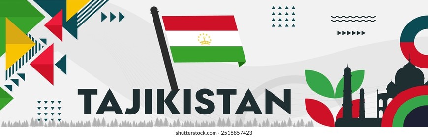 Tajikistan Flag. National day or Independence day design for Tajik celebration. Modern retro design with abstract icons. Central Asia Tajikistan Vector illustration.