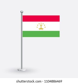 Tajikistan flag. The national flag of Tajikistan on a pole. The waving flag. The sign and symbol of the country. Realistic vector on white.