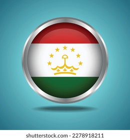 The Tajikistan flag. Round glossy. Silver frame. Isolated on color gradient background